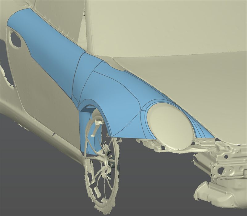 Front fender designed as freeform surfaces on the scan