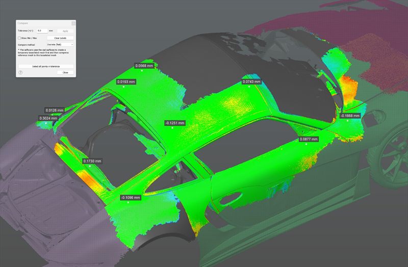 Colour map showing deviation between CAD surfaces and scan